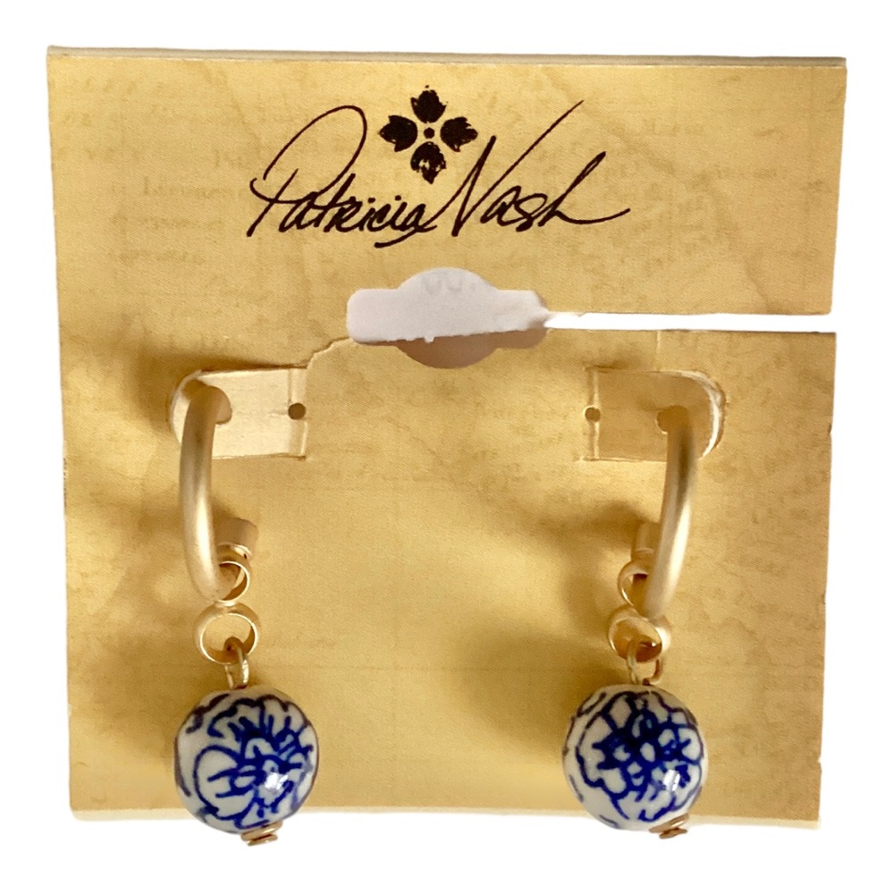 Patricia Nash Hoop Drop Bead Earrings Blue And White Floral Glass Bead Gold Tone